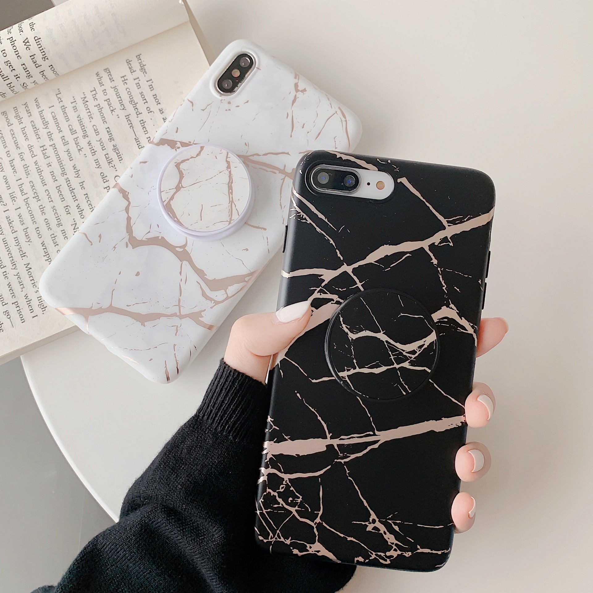Luxury Gold Strip Crack Marble Holder Case For iPhone