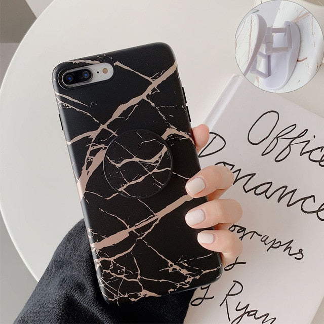 Luxury Gold Strip Crack Marble Holder Case For iPhone